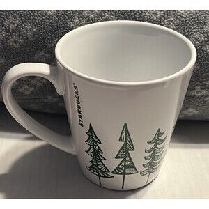 Starbucks Christmas Holiday Winter Green Tree Coffee Mug Pine Tree 2015 White